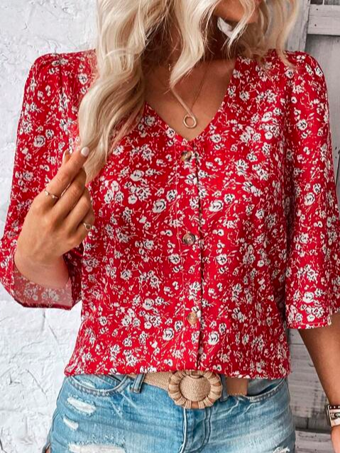 Vintage Floral Print Casual V-neck Denim Loose Shirt main image 1