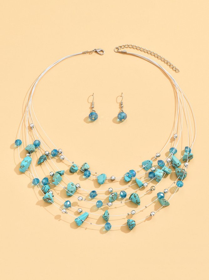 Boho Turquoise Beads Layered Necklace Earrings Set