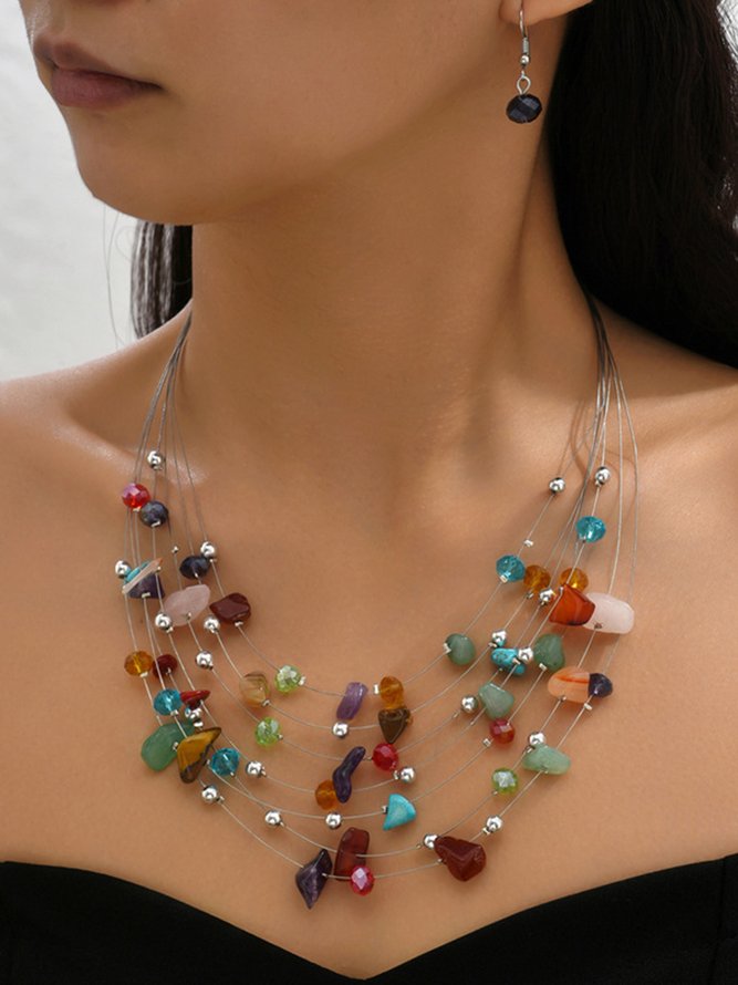 Boho Turquoise Beads Layered Necklace Earrings Set