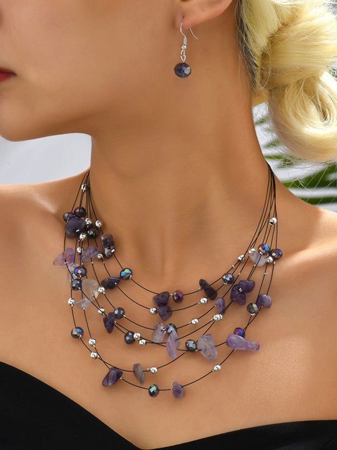 Boho Turquoise Beads Layered Necklace Earrings Set