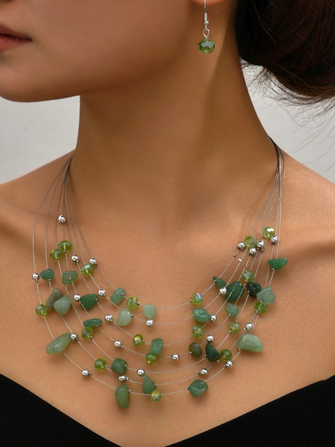 Boho Turquoise Beads Layered Necklace Earrings Set