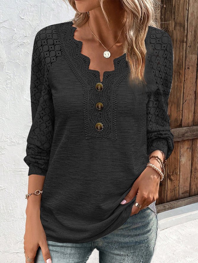 V Neck Casual Plain Lace Bukle T-Shirt