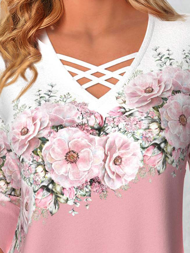 Contrasting Floral Loose Knit T-Shirt