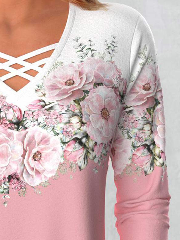 Contrasting Floral Loose Knit T-Shirt