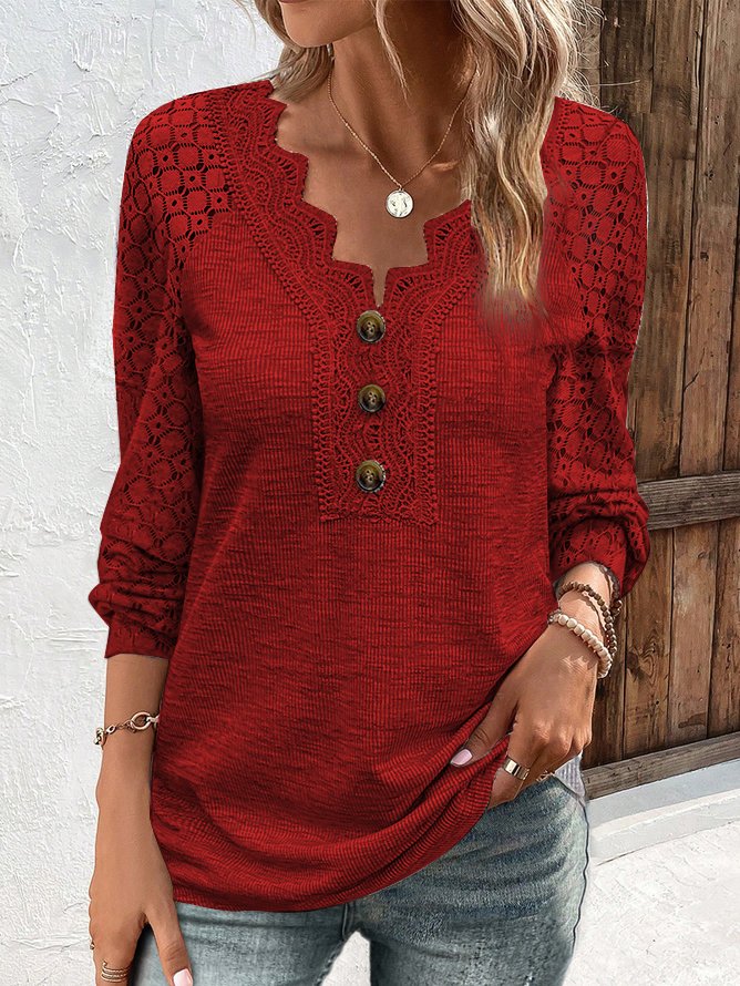 V Neck Casual Plain Lace Bukle T-Shirt