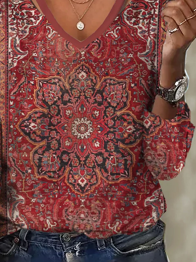 Plus Size Casual Ethnic V-neck T-Shirt