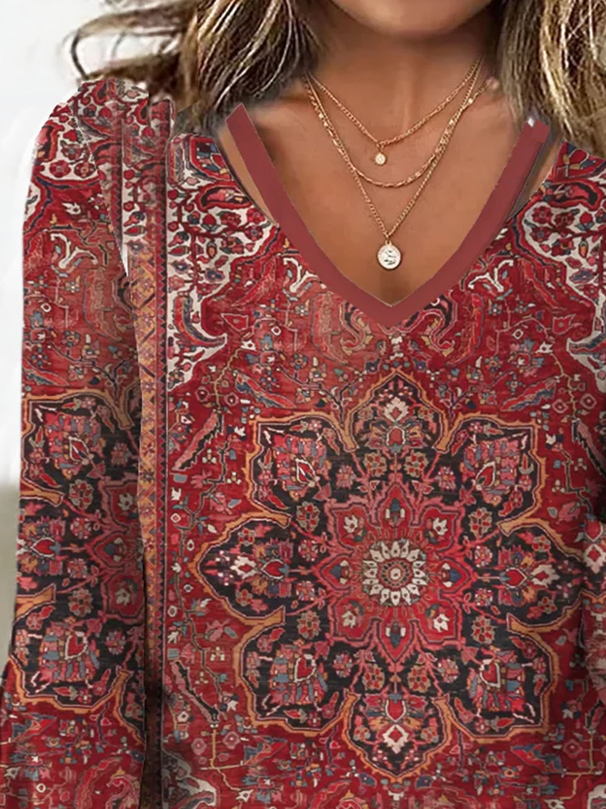 Plus Size Casual Ethnic V-neck T-Shirt
