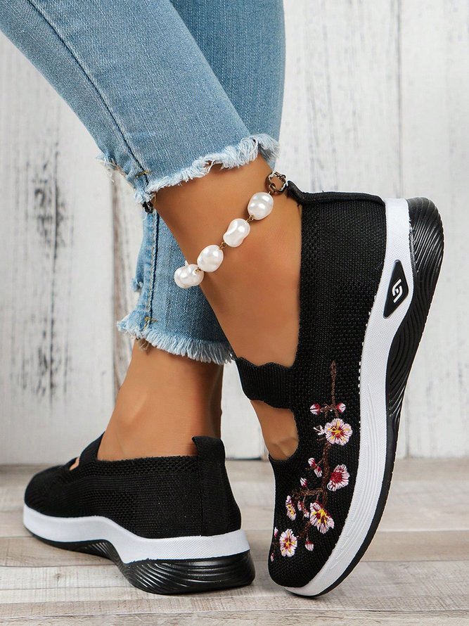Floral Embroidery Breathable Slip On Mary Jane Flyknit Sneakers