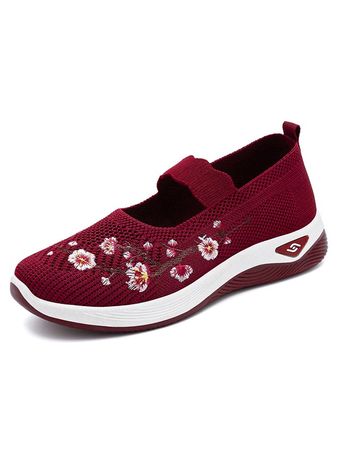 Floral Embroidery Breathable Slip On Mary Jane Flyknit Sneakers