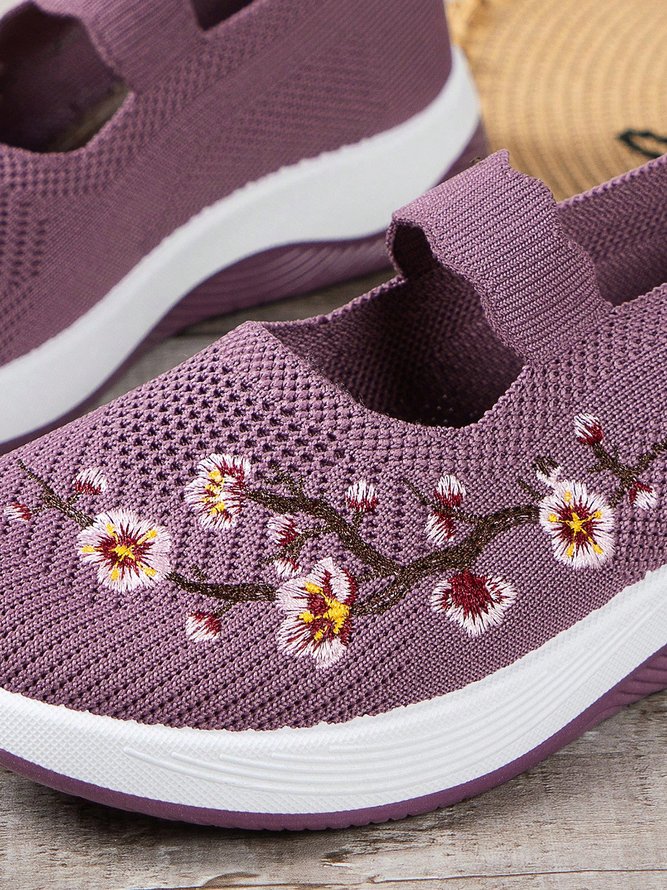 Floral Embroidery Breathable Slip On Mary Jane Flyknit Sneakers