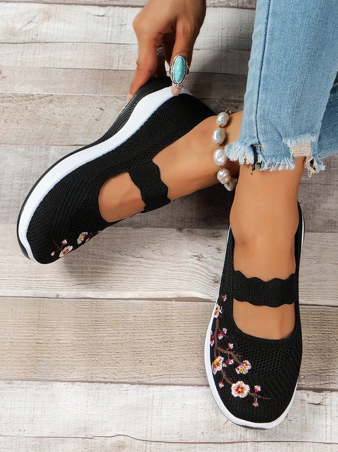 Floral Embroidery Breathable Slip On Mary Jane Flyknit Sneakers