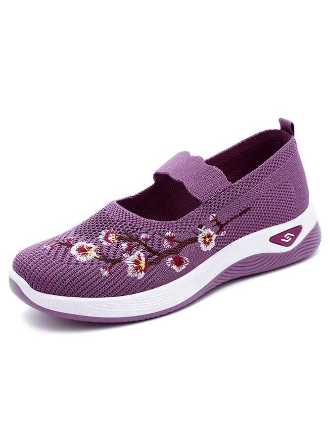 Floral Embroidery Breathable Slip On Mary Jane Flyknit Sneakers