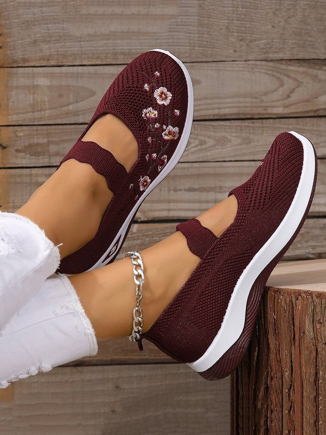 Floral Embroidery Breathable Slip On Mary Jane Flyknit Sneakers