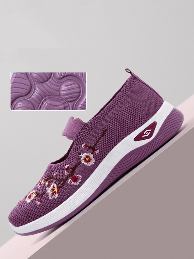 Floral Embroidery Breathable Slip On Mary Jane Flyknit Sneakers