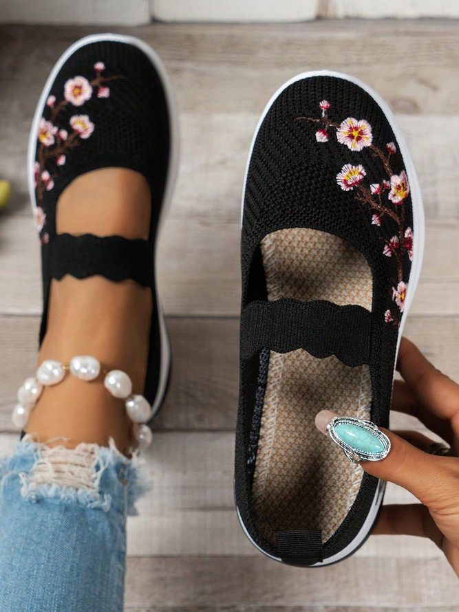 Floral Embroidery Breathable Slip On Mary Jane Flyknit Sneakers
