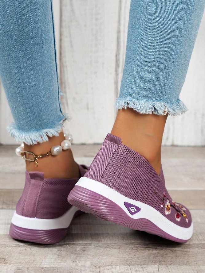 Floral Embroidery Breathable Slip On Mary Jane Flyknit Sneakers