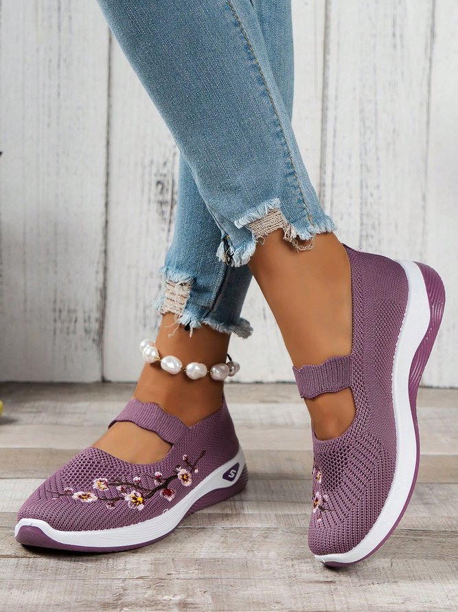 Floral Embroidery Breathable Slip On Mary Jane Flyknit Sneakers