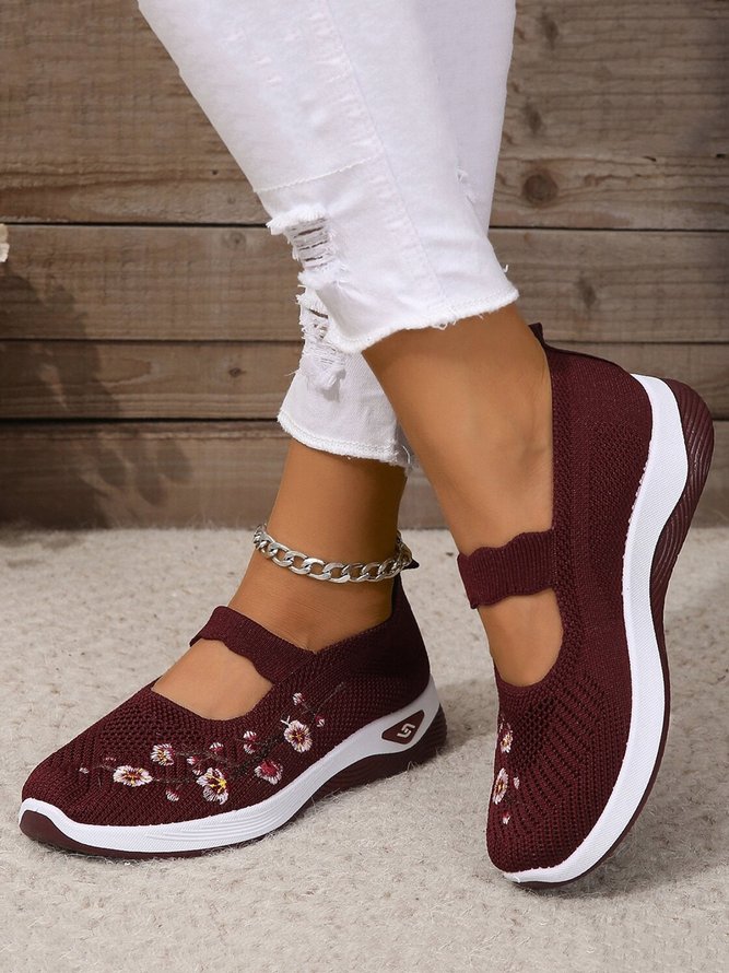 Floral Embroidery Breathable Slip On Mary Jane Flyknit Sneakers
