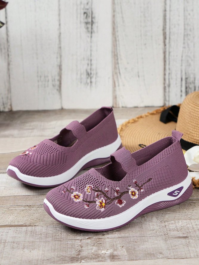 Floral Embroidery Breathable Slip On Mary Jane Flyknit Sneakers