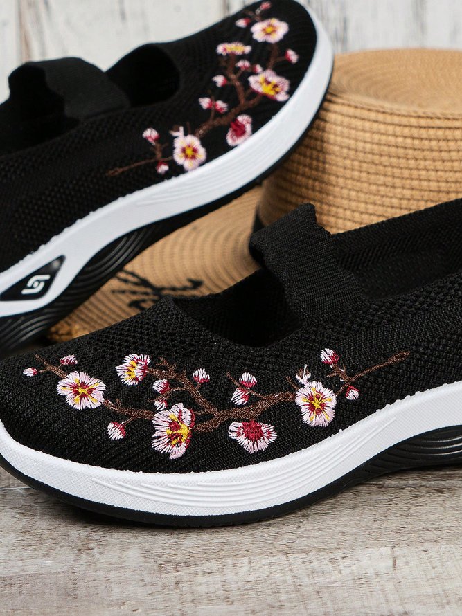 Floral Embroidery Breathable Slip On Mary Jane Flyknit Sneakers