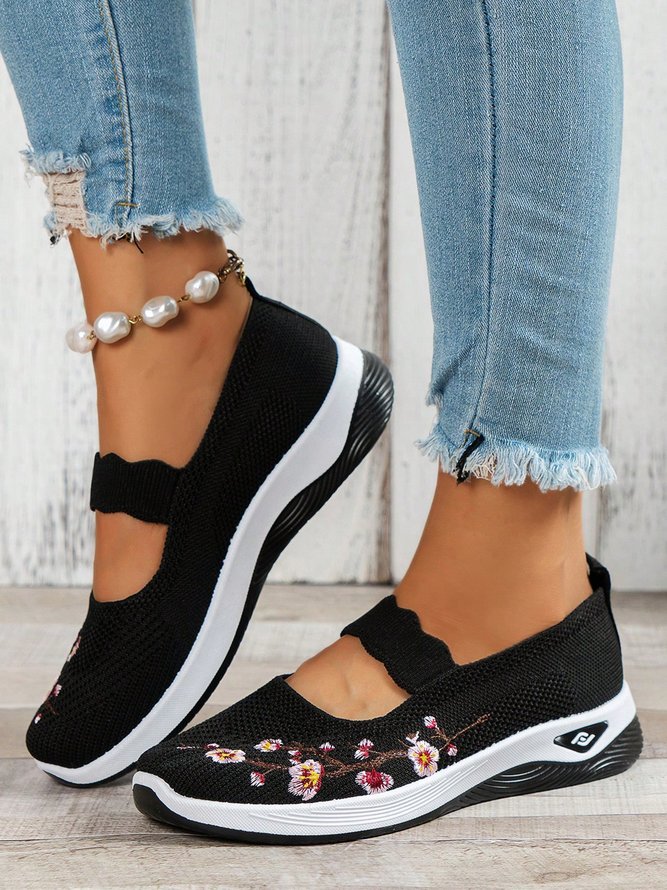Floral Embroidery Breathable Slip On Mary Jane Flyknit Sneakers
