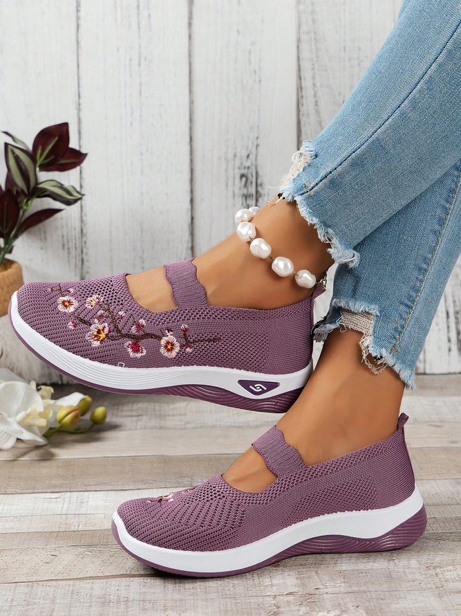 Floral Embroidery Breathable Slip On Mary Jane Flyknit Sneakers