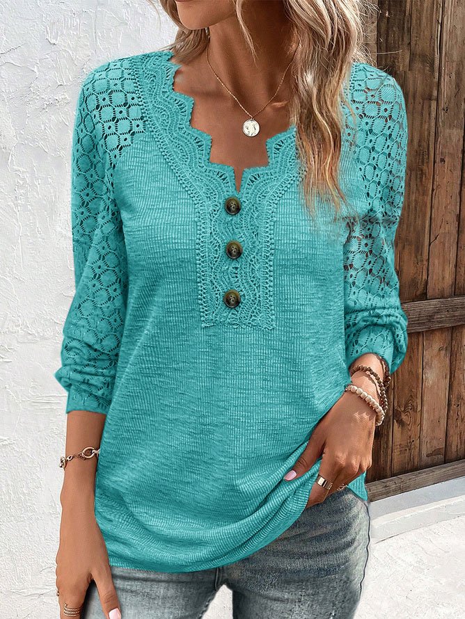V Neck Casual Plain Lace Bukle T-Shirt