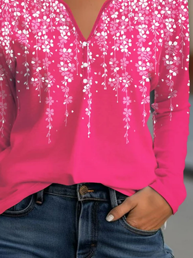 Plus Size Floral Casual Buckle Loose T-Shirt