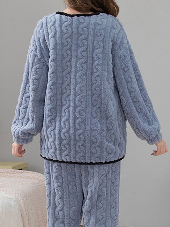 Plain Casual Fluff/Granular Fleece Fabric Two-Piece Set