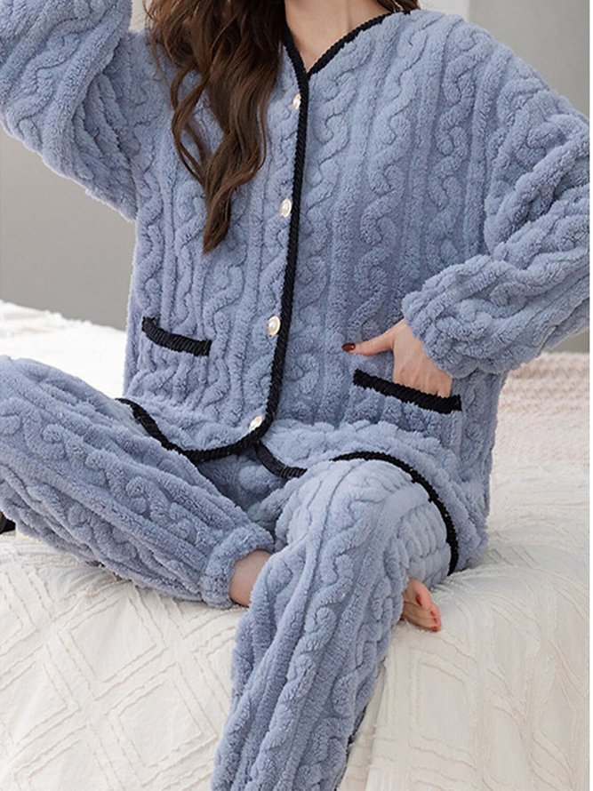 Plain Casual Fluff/Granular Fleece Fabric Two-Piece Set