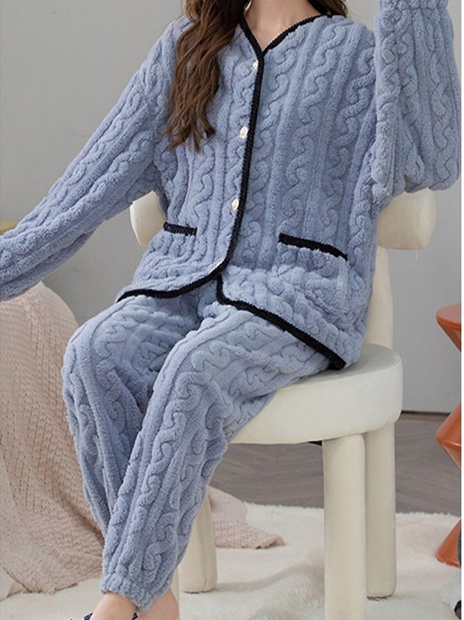 Plain Casual Fluff/Granular Fleece Fabric Two-Piece Set