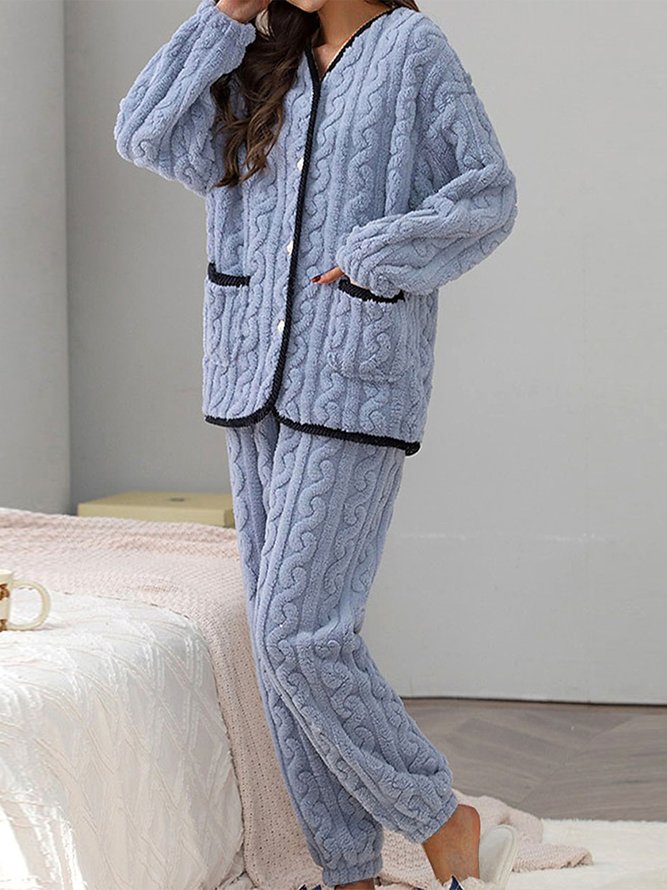 Plain Casual Fluff/Granular Fleece Fabric Two-Piece Set