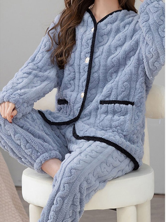Plain Casual Fluff/Granular Fleece Fabric Two-Piece Set