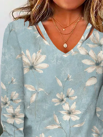 Plus size Floral V Neck Casual T-Shirt