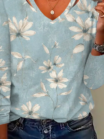 Plus size Floral V Neck Casual T-Shirt