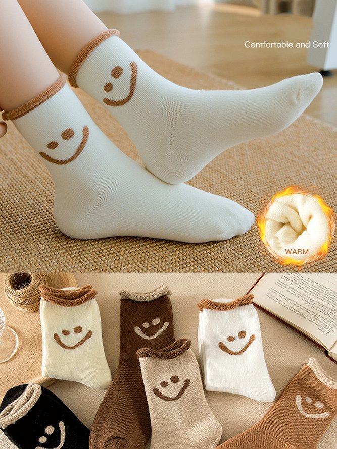 1pair Women Cute Smiley Warmth Terry Socks