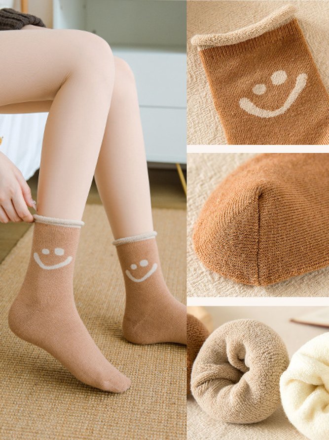 1pair Women Cute Smiley Warmth Terry Socks