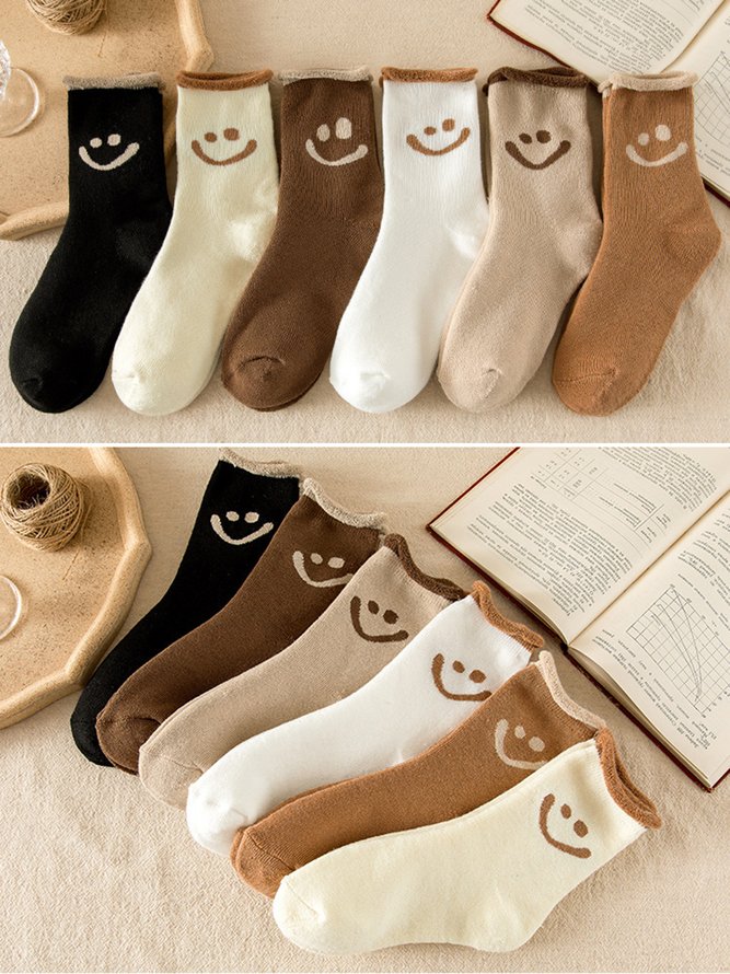1pair Women Cute Smiley Warmth Terry Socks