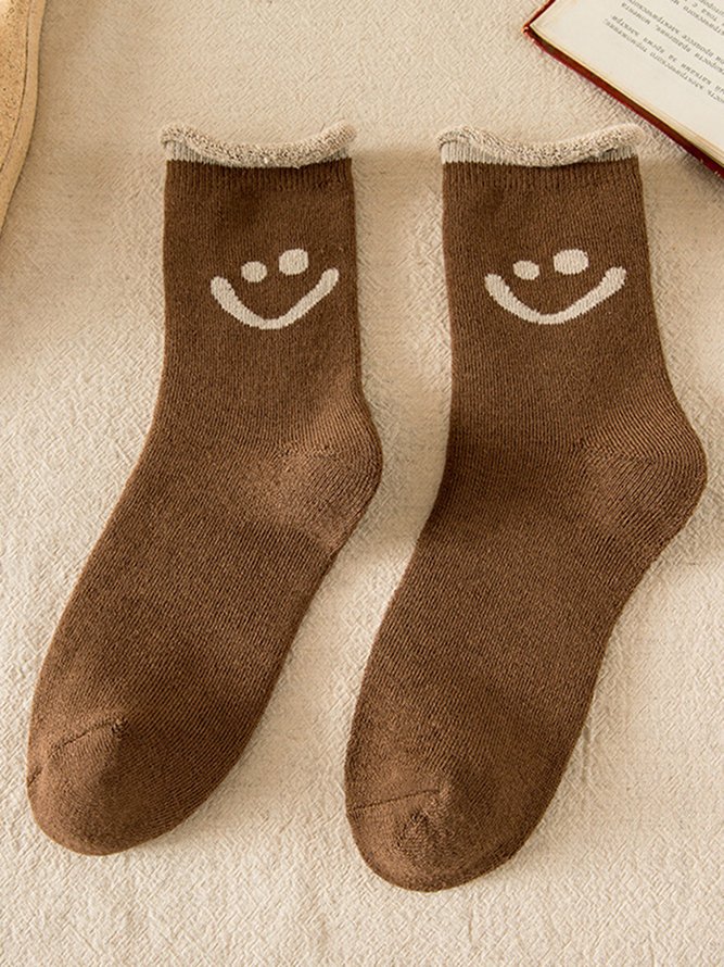 1pair Women Cute Smiley Warmth Terry Socks