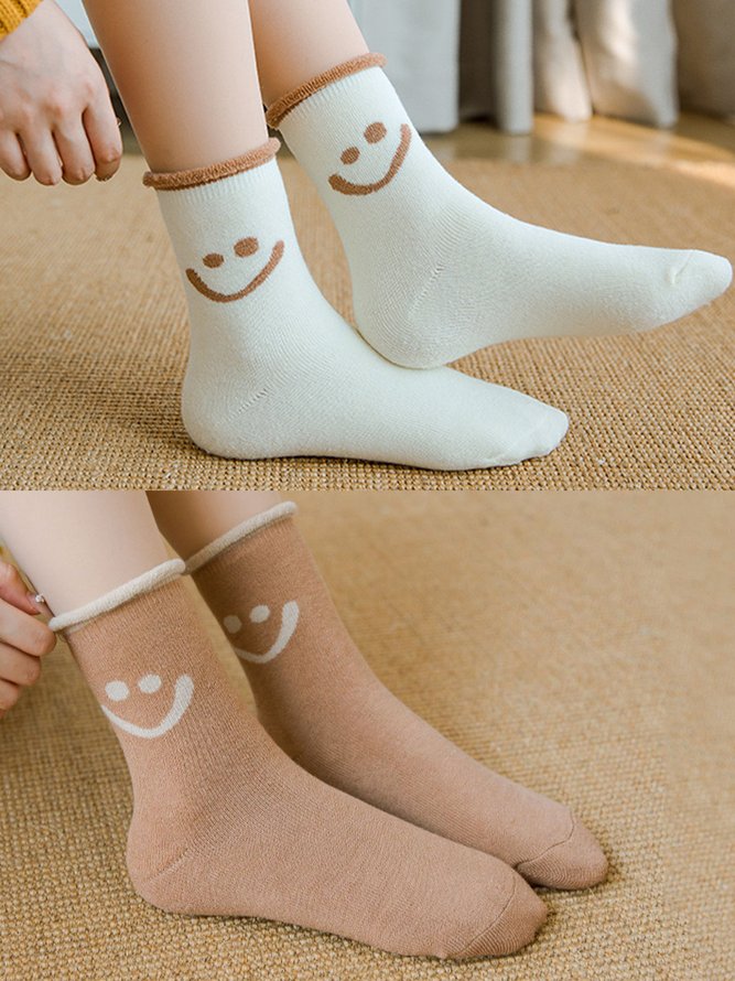 1pair Women Cute Smiley Warmth Terry Socks