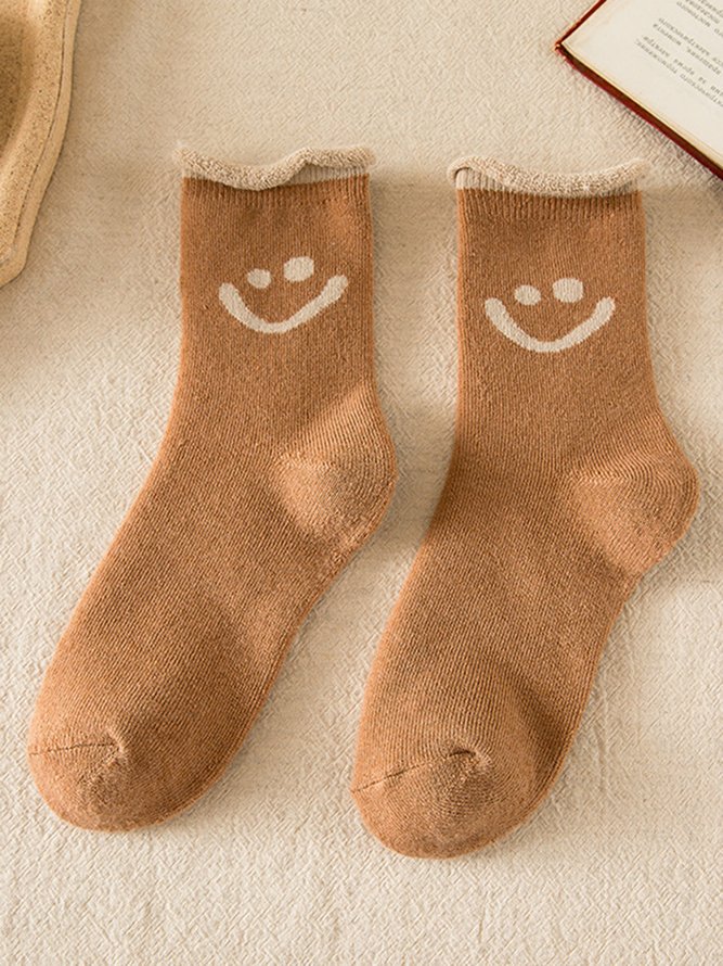 1pair Women Cute Smiley Warmth Terry Socks