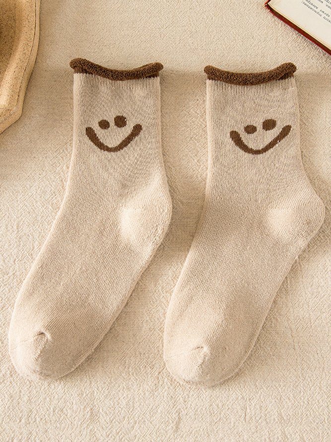 1pair Women Cute Smiley Warmth Terry Socks