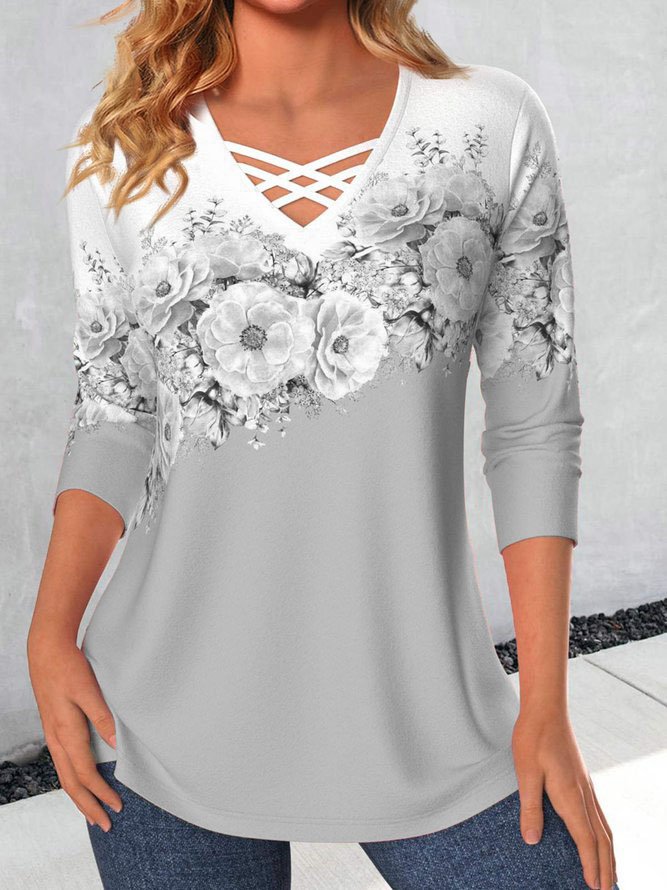 Contrasting Floral Loose Knit T-Shirt
