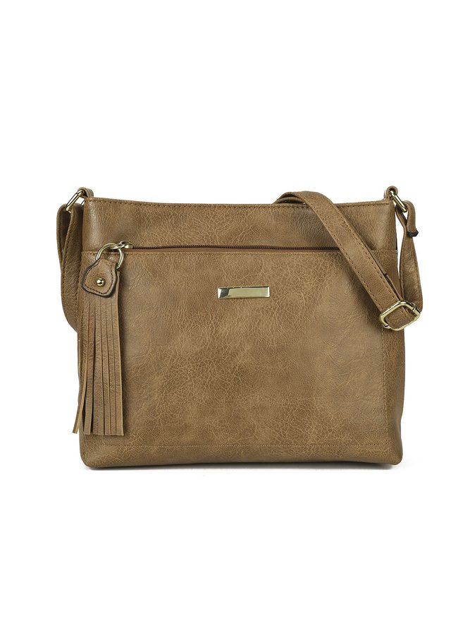 Casual Khaki Tassel Zip Square Shoulder Bag