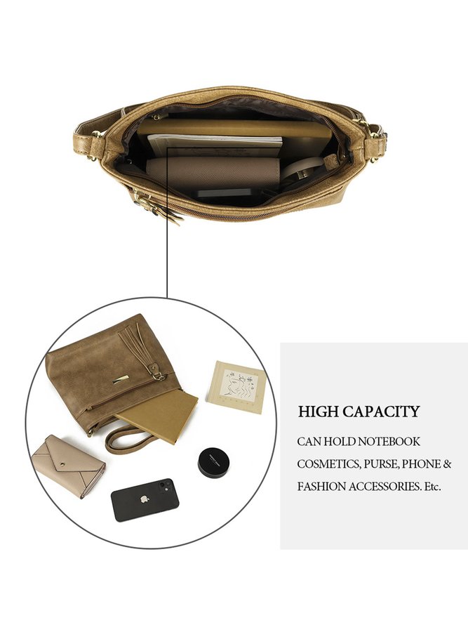 Casual Khaki Tassel Zip Square Shoulder Bag
