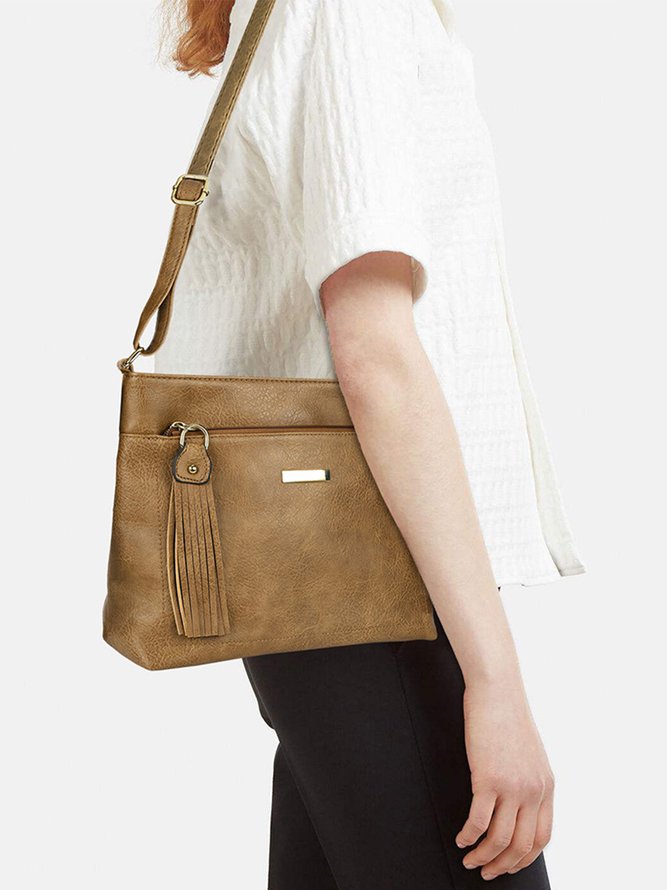Casual Khaki Tassel Zip Square Shoulder Bag