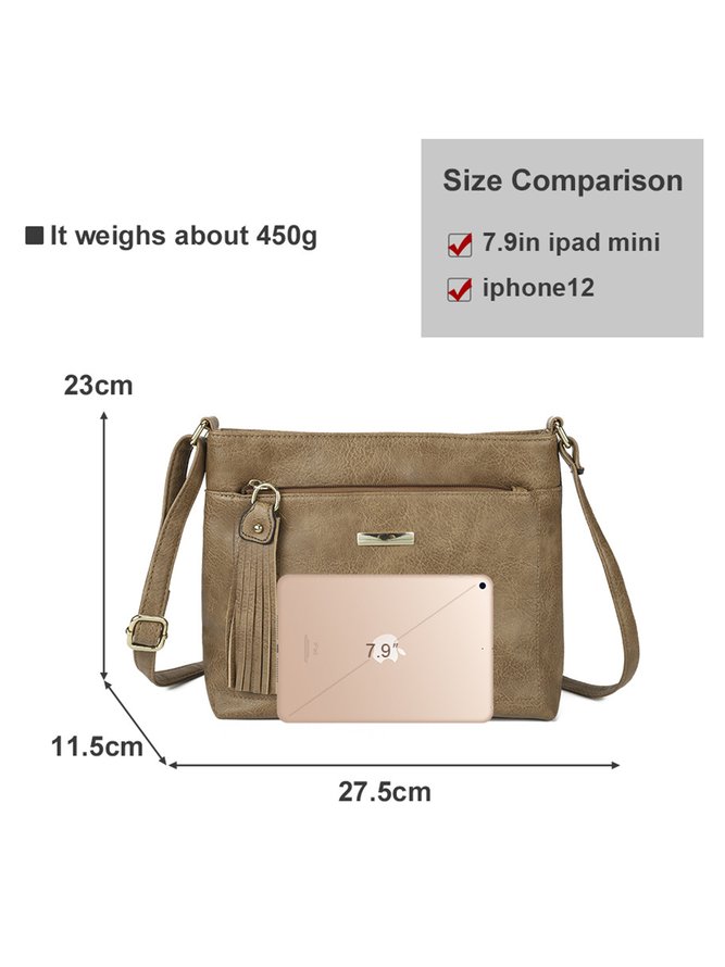 Casual Khaki Tassel Zip Square Shoulder Bag
