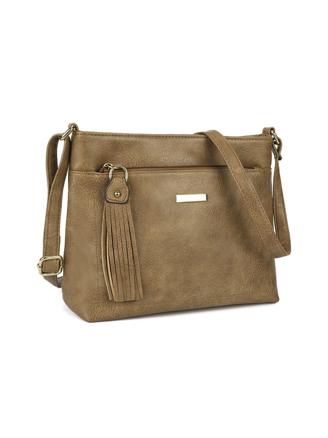 Casual Khaki Tassel Zip Square Shoulder Bag