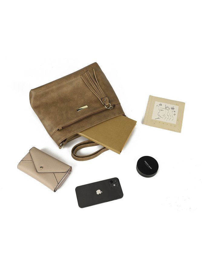 Casual Khaki Tassel Zip Square Shoulder Bag