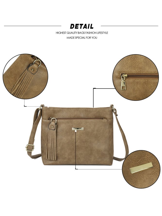 Casual Khaki Tassel Zip Square Shoulder Bag